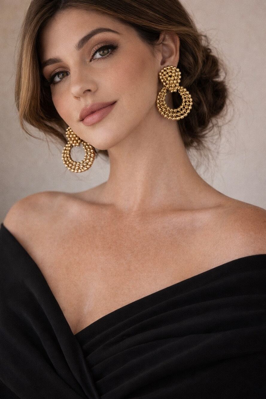 Vtg 70’s FO Monet Gold Tone Beaded Hoop Clip-On Earrings Chunky